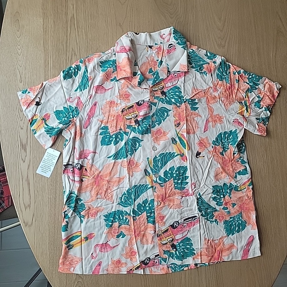 KS Island Hawaiian Shirt Mens‎ 2XL Flamingo Orange Floral Beige Short Sleeve New